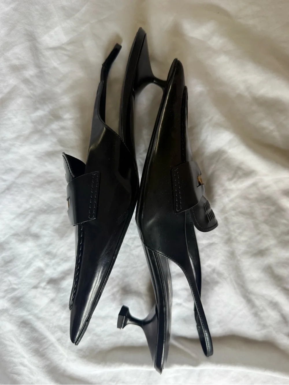 Miu Miu Black Pointed Leather Slingback Penny Loafer Pumps with Gold Penny 40